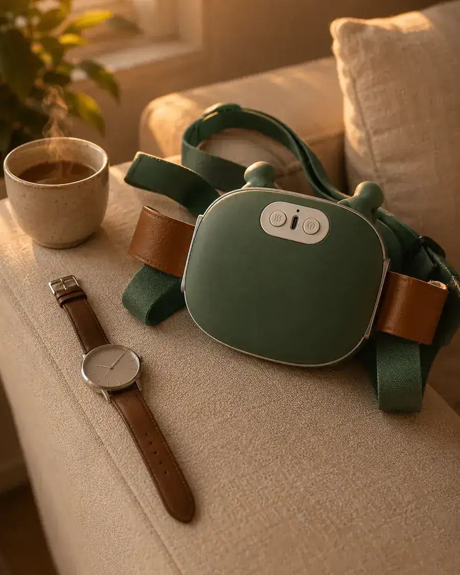 Das Nackenruh-Massagegerät liegt zusammengeklappt auf der beigen Sessellehne, daneben eine dampfende Tasse und eine Armbanduhr mit braunem Lederband